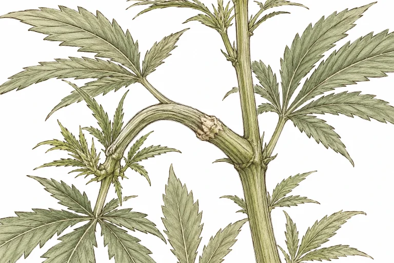 Cannabis supercropping image 7 — five days after supercropping, a healing callus knuckle is already forming at the bend