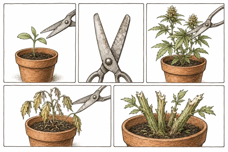 Cannabis Topping Bild 5 — Die fünf häufigsten Topping-Fehler: falscher Zeitpunkt, stumpfe Schere, Schnitt in der Blüte, Schnitt an kranken Pflanzen und ein unsauberer Schnitt