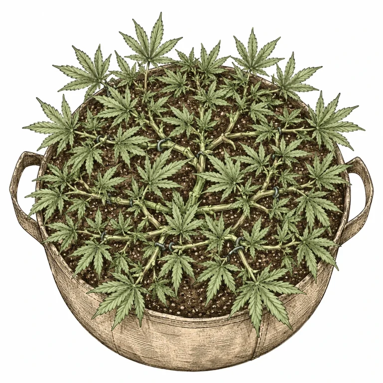Cannabis Topping Bild 6 — Nach mehrfachem Topping in Kombination mit LST wächst die Pflanze breit statt hoch, mit gleichmäßig verteilten Trieben auf einer Ebene