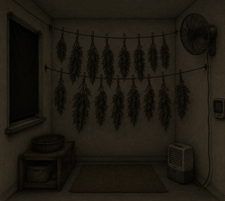 Cannabis drying room overview with hygrometer, fan and window