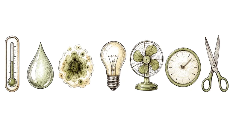 Cannabis drying mistakes icons: thermometer, mold, fan