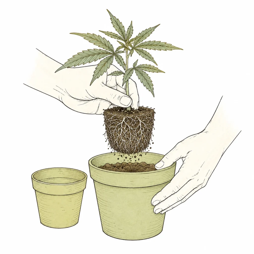 Transplanting cannabis: a rootbound plant with a dense root ball being moved into a bigger pot