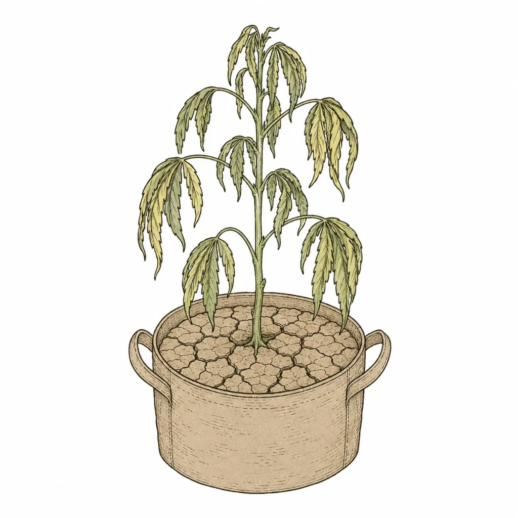 Underwatered cannabis plant with limp, drooping leaves and bone-dry growing medium