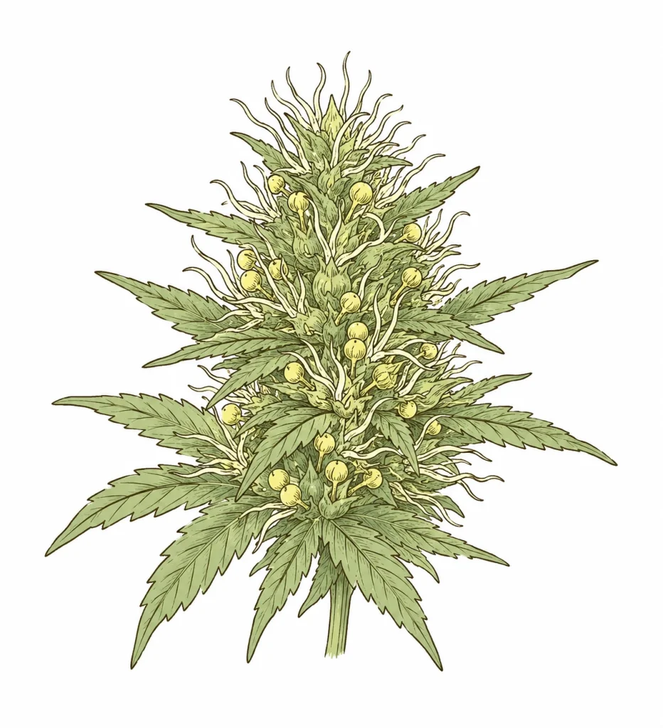 Hermaphrodite cannabis plant showing male pollen sacs growing between the white pistils of a female bud