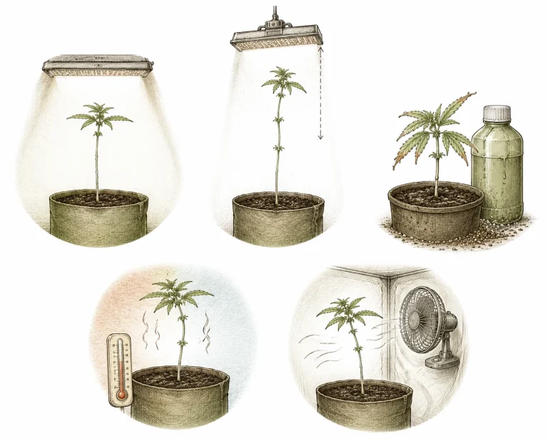 Infografik mit den fünf häufigsten Ursachen für dünne Cannabis-Stiele: Lichtmangel, falscher Lampenabstand, Überdüngung, falsche Temperatur, kein Wind