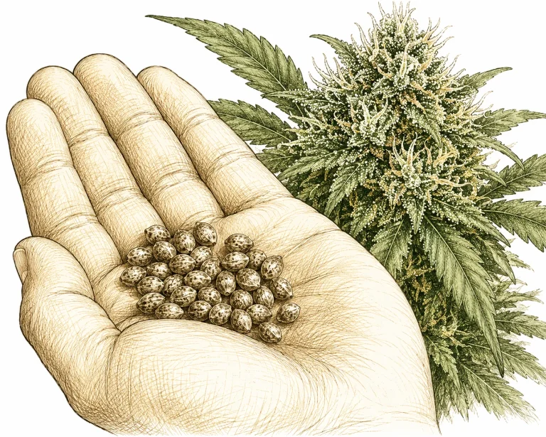Feminized cannabis seeds in a hand next to a flowering plant