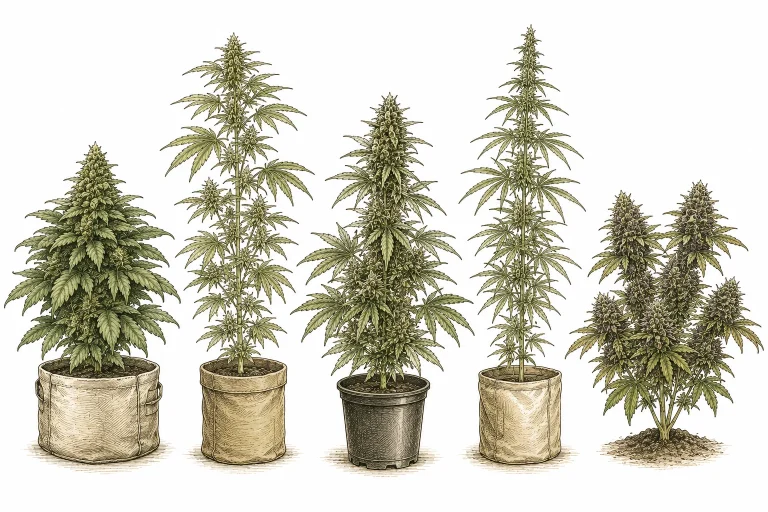 Five cannabis strains overview collage infographic