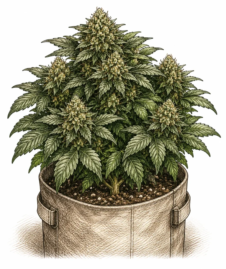 Indica-dominant strain with dense buds and broad leaves