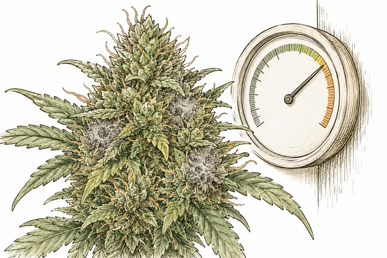 Luftentfeuchter Growbox: Nahaufnahme von Cannabis-Blüten mit ersten Anzeichen von Botrytis-Schimmel neben einem Hygrometer