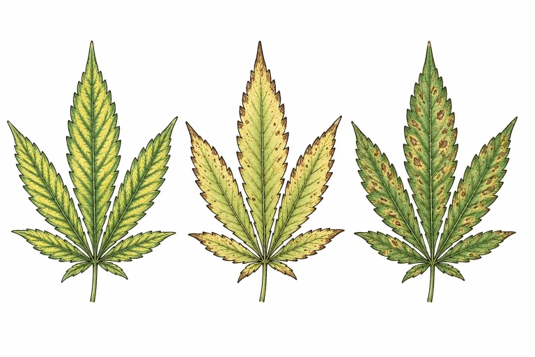 Cal-Mag deficiency: comparison chart of cannabis leaves with different deficiency symptoms side by side