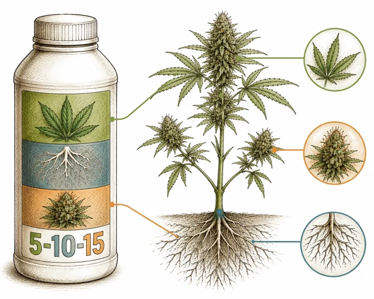 Cannabis nutrient label with NPK ratio and plant functions