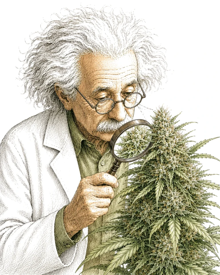 PlantMentor prüft mit Lupe Cannabis Blüte Trichome
