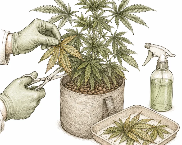 Grower entfernt mit Mehltau befallene Cannabis-Blätter mit einer Schere