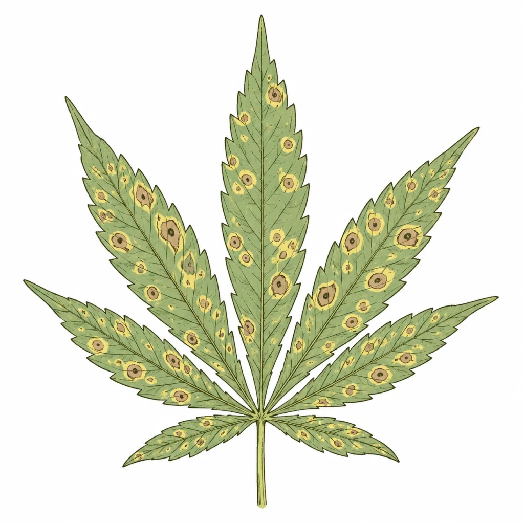Cannabis leaf with round septoria cannabis spots showing pale centers, dark brown edges and black pycnidia