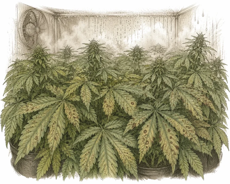 Septoria on cannabis: grow space with dense foliage and high humidity
