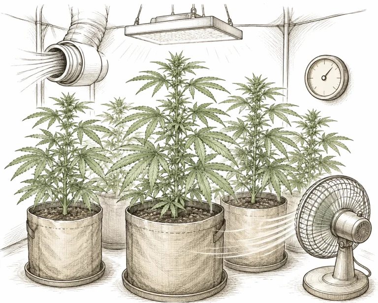 Gut belüfteter Cannabis Grow mit ausreichend Pflanzenabstand als Mehltau-Prävention