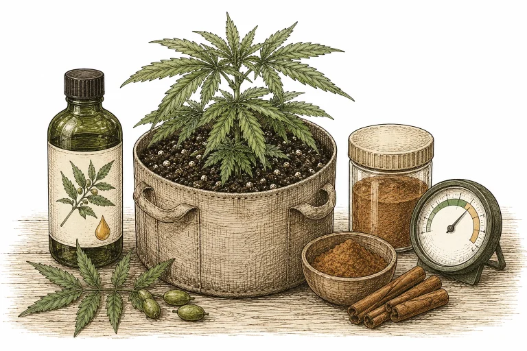 Springschwänze Cannabis: Cannabis-Pflanze im Topf, daneben Neem-Öl-Flasche