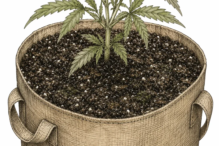 Springschwänze Cannabis: Dunkel gefärbtes, überfeuchtes Cannabissubstrat in einem Topf mit sichtbaren weißen Punkten