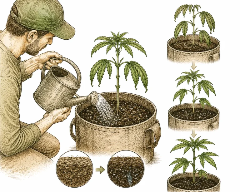 Grower watering a cannabis plant slowly and evenly