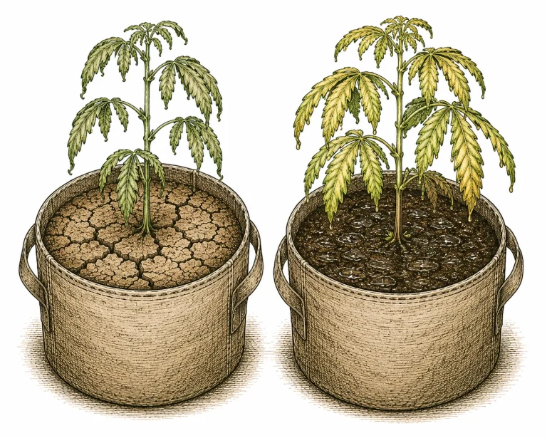 Two cannabis pots side by side: on the left, dry, cracked growing medium with drooping leaves