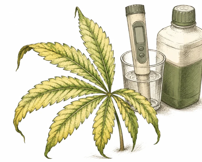 Wilting plants: cannabis leaf with chlorosis and a slight droop