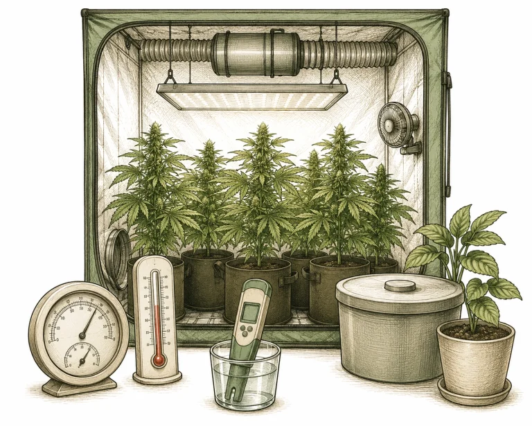 Wilting plants: healthy green grow tent with upright cannabis plants