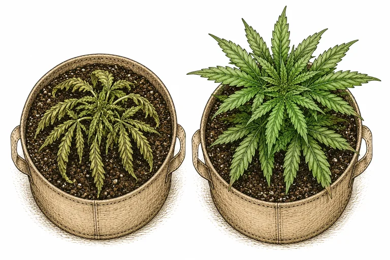 Wilting plants: cannabis plant with droopy leaves seen from above