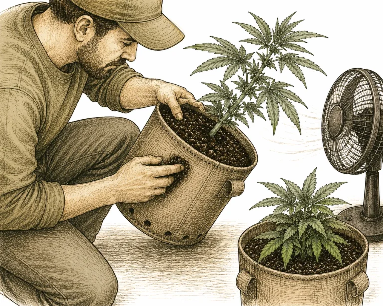 Wilting plants: grower tilts a pot and checks the soil for moisture