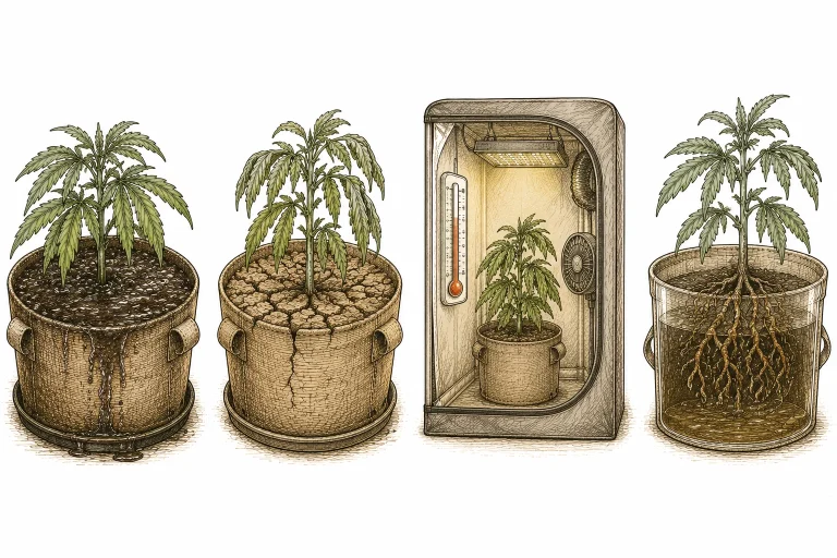 Wilting plants: four panels showing overwatered soil