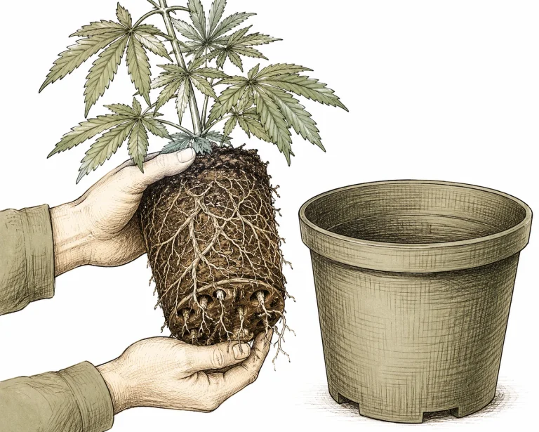 Wilting plants: hands lifting a cannabis plant out of a pot that’s too small
