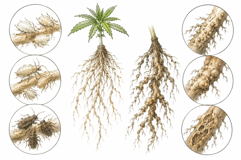 Root aphids on cannabis: illustration of different root aphid species under a microscope