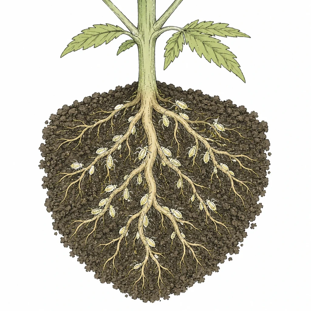Root aphids on cannabis: close-up of a cannabis root with tiny whitish aphids