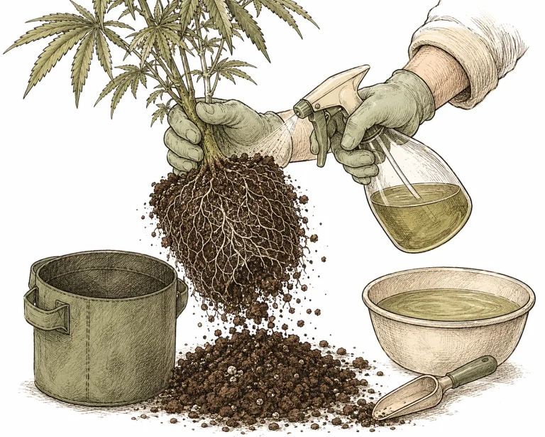 Root aphids on cannabis: grower treating a cannabis pot with a neem solution