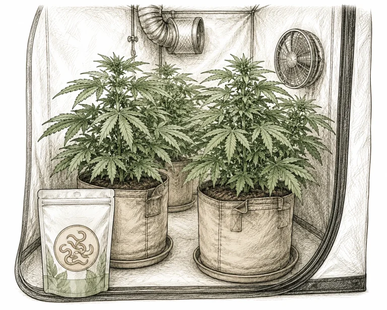 Root aphids on cannabis: small pack of nematodes next to cannabis pots with healthy green plants