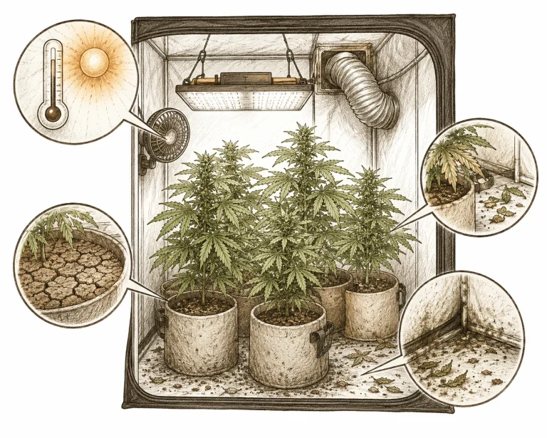 Root aphids on cannabis: cannabis pots in a grow tent with highlighted risk areas such as dry growing medium