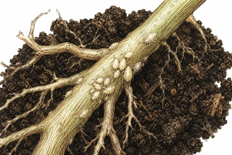 Root aphids on cannabis: close-up of a cannabis root with small whitish aphids on it