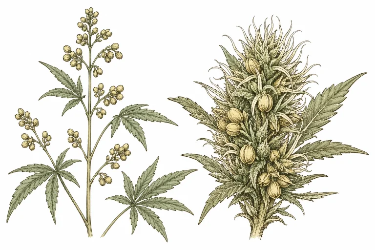 Side-by-side comparison: on the left, a male cannabis plant with pollen sacs on separate stems