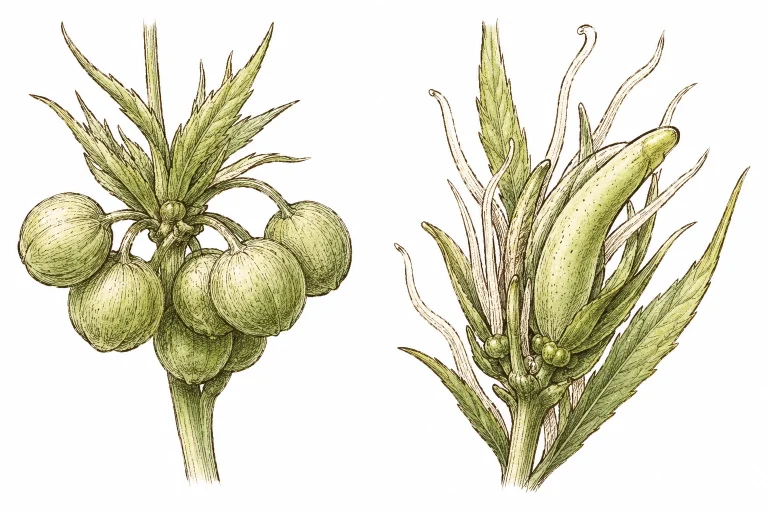 Hermaphrodite cannabis: close-up: on the left, a true male pollen sac (round
