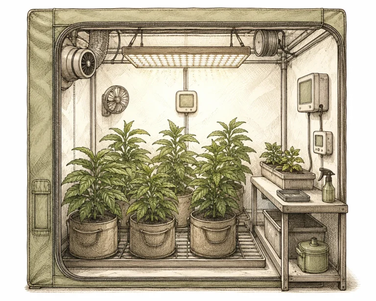 Cannabis hermaphrodites: overview of a tidy grow setup with a steady temperature reading