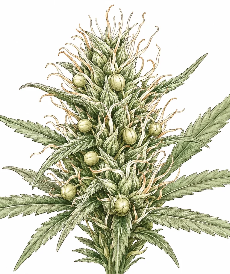 Seeds in cannabis buds: hermaphrodite plant with visible pollen sacs