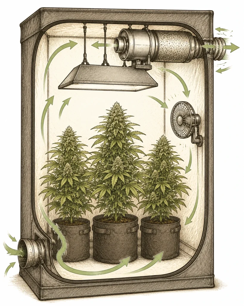 Grow tent ventilation diagram showing intake air at the bottom, exhaust fan with carbon filter at the top and a circulation fan
