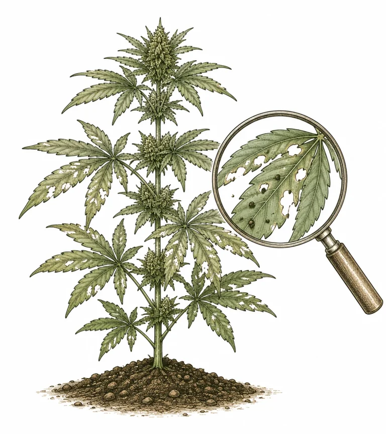 Detailaufnahme großer Fraßlöcher und Kotkrümel durch Raupen an Cannabis-Blättern