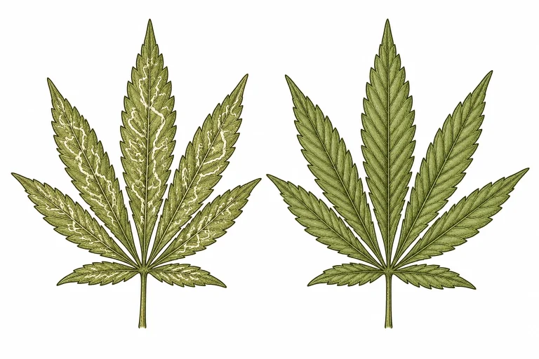 Cannabis leaf with leaf miner trails compared to a healthy leaf