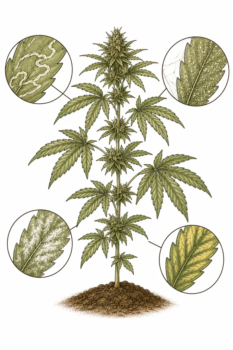 Four types of cannabis leaf damage compared: leaf miners, spider mites, powdery mildew and nutrient deficiency
