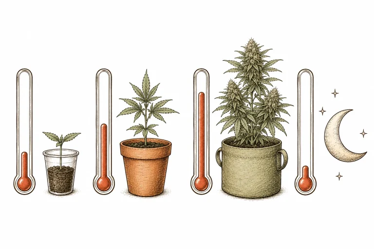 Optimale Temperaturbereiche für Cannabis in verschiedenen Wachstumsphasen als Icon-Übersicht
