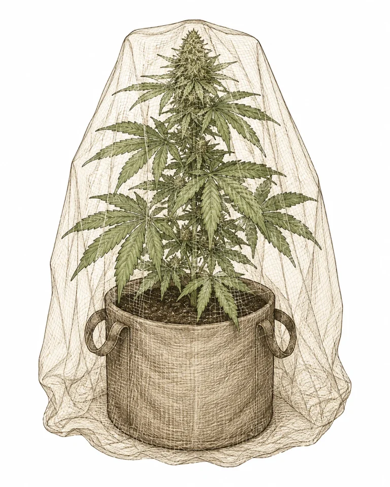 Outdoor Cannabis unter feinmaschigem Insektenschutznetz gegen Raupenbefall