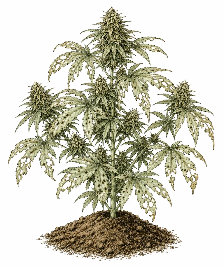 Outdoor Cannabis-Pflanze mit sichtbarem Raupenfrass und Kotkrümeln auf den Blättern