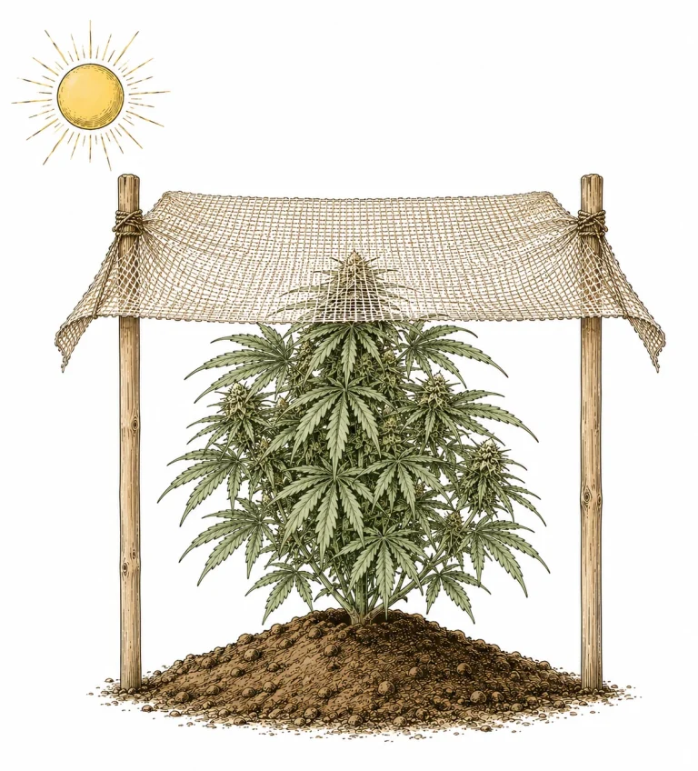 Cannabis Outdoor-Pflanze mit Schattennetz als Hitzeschutz im Sommer