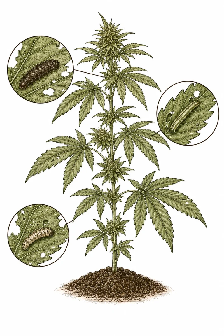 Drei häufige Raupenarten an Cannabis im Vergleich: Kohleule, Gammaeule und Zünslerraupe