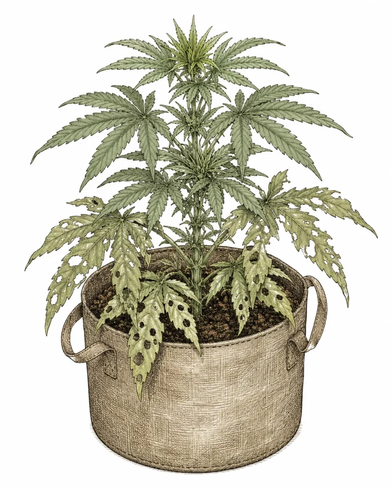 Cannabis Pflanze mit gemischtem Raupen-Schadensbild: teils ausgefressene Blätter, teils gesunde Triebe